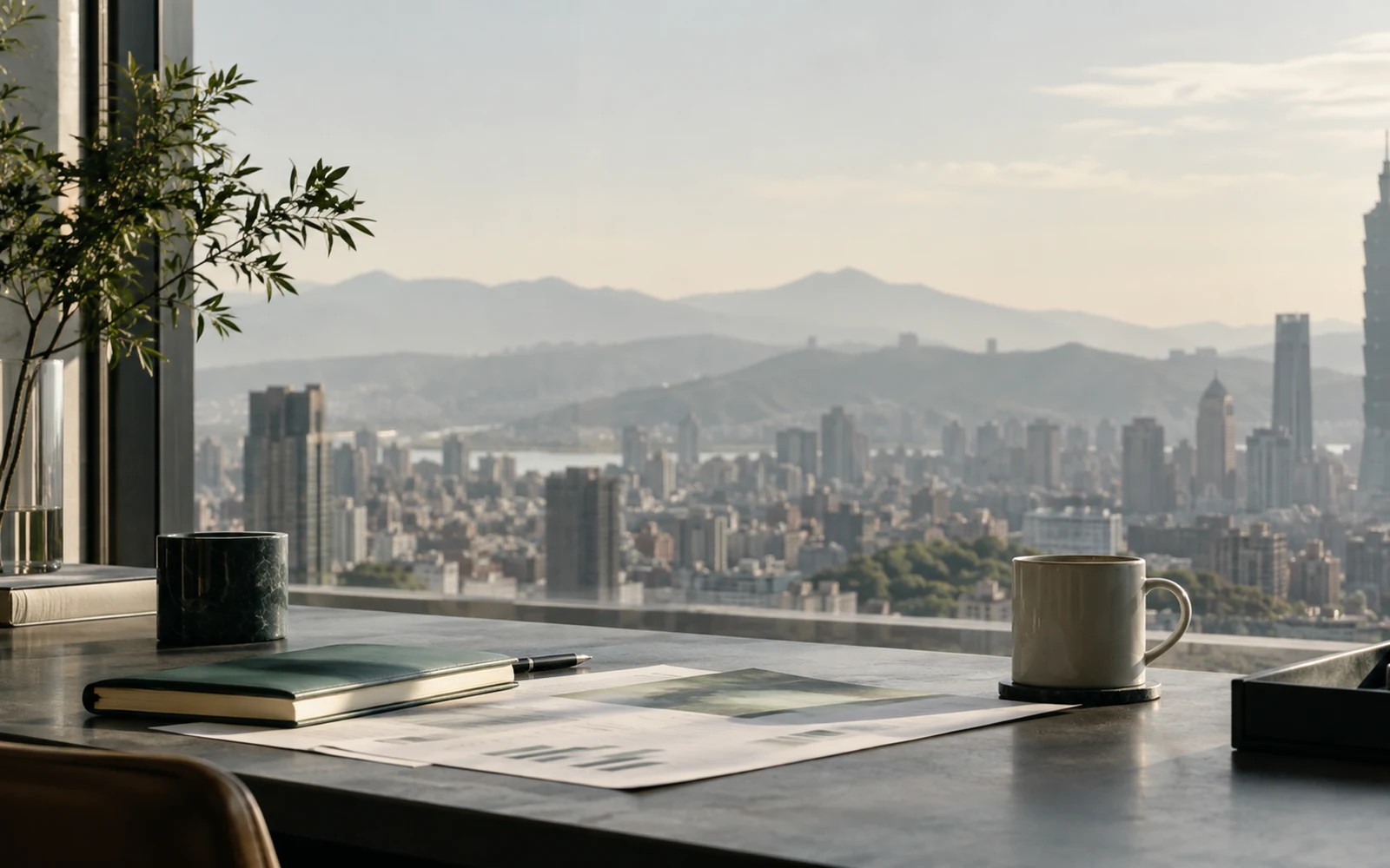 台北城市晨光下的工作桌與遠景